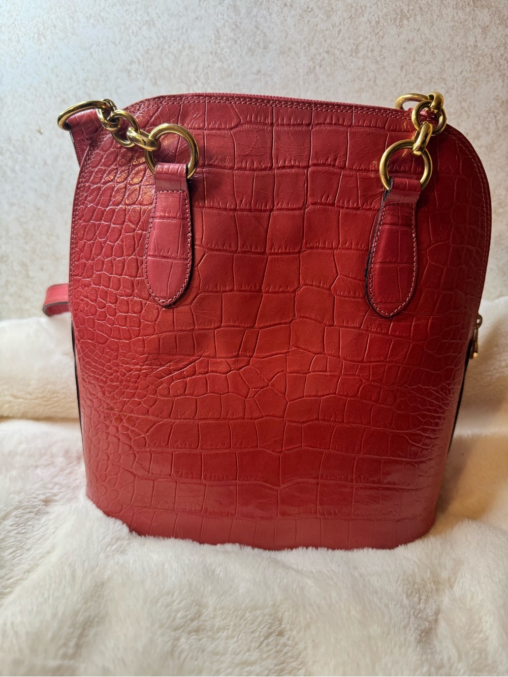 Saks Fifth Ave Made in Italy Calf Skin Red Croc-Embossed Leather Shoulder Bag